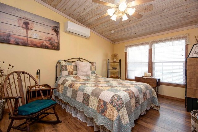 bedroom with dark wood-type flooring, ornamental molding, a wall mounted AC, and wooden ceiling