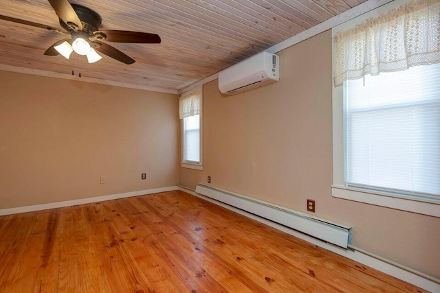 unfurnished room featuring wood ceiling, ceiling fan, a baseboard heating unit, a wall mounted air conditioner, and light hardwood / wood-style floors