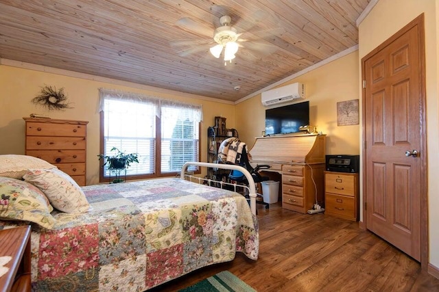 bedroom featuring lofted ceiling, a wall mounted AC, hardwood / wood-style flooring, ornamental molding, and wooden ceiling