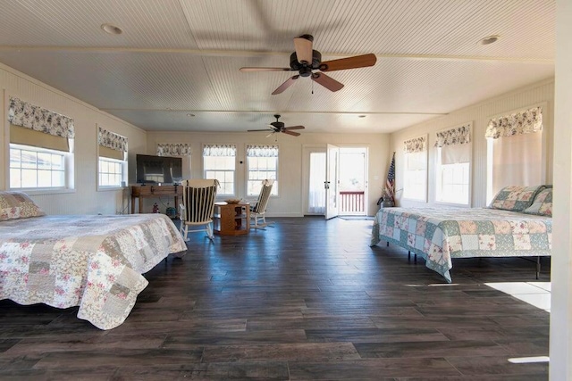 bedroom with ceiling fan, dark hardwood / wood-style floors, access to outside, and wood ceiling