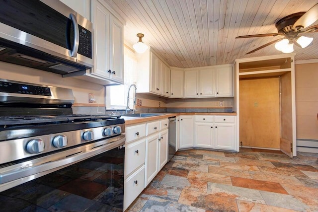 kitchen with sink, stainless steel appliances, wooden ceiling, and white cabinets