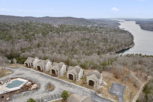 drone / aerial view with a water view