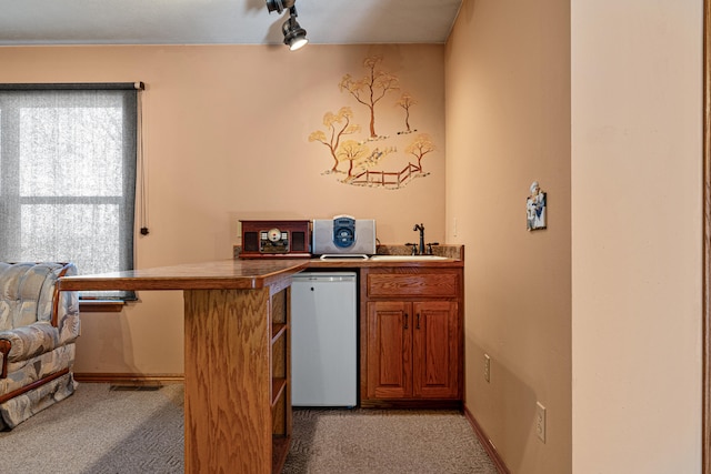 bar featuring refrigerator, light colored carpet, sink, and track lighting