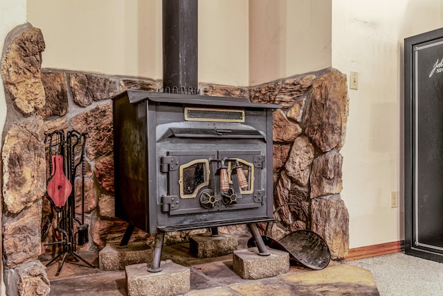 interior details with a wood stove