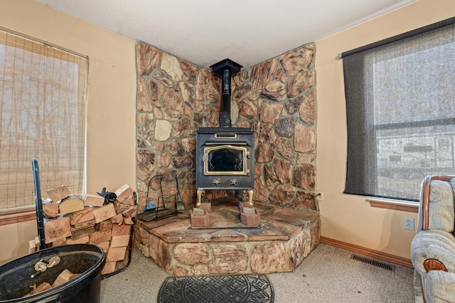 room details with a wood stove