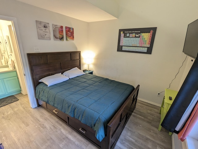 bedroom featuring ensuite bathroom and light hardwood / wood-style flooring