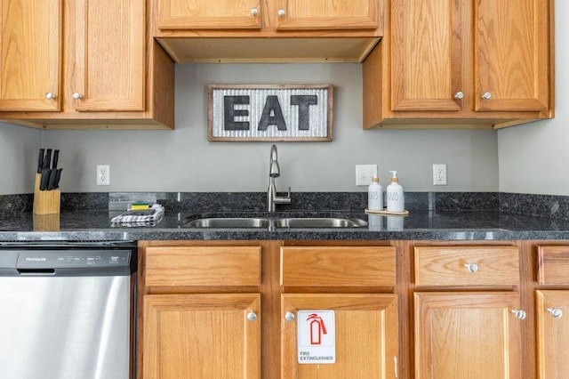 kitchen featuring stainless steel dishwasher, dark stone countertops, and sink