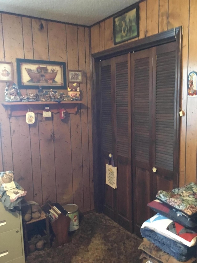 interior space with a closet and wooden walls