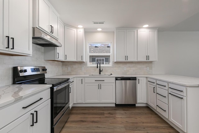 kitchen featuring under cabinet range hood, stainless steel appliances, a peninsula, a sink, and visible vents