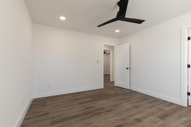 unfurnished bedroom featuring ceiling fan, recessed lighting, wood finished floors, and baseboards