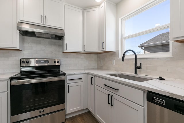 kitchen featuring under cabinet range hood, decorative backsplash, stainless steel appliances, and a sink