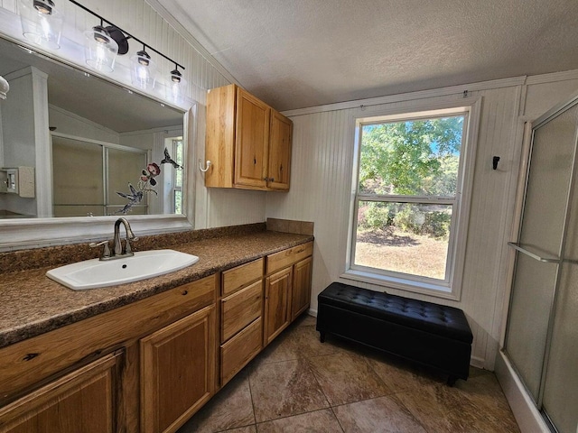 bathroom featuring a shower with door, vanity, and a textured ceiling