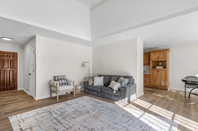 living room featuring a high ceiling and light hardwood / wood-style flooring