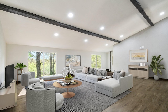 living room featuring lofted ceiling with beams and dark hardwood / wood-style floors