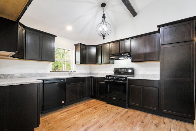 kitchen featuring pendant lighting, black appliances, light wood-type flooring, beam ceiling, and a chandelier