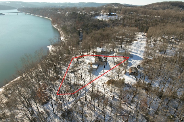 snowy aerial view featuring a water view