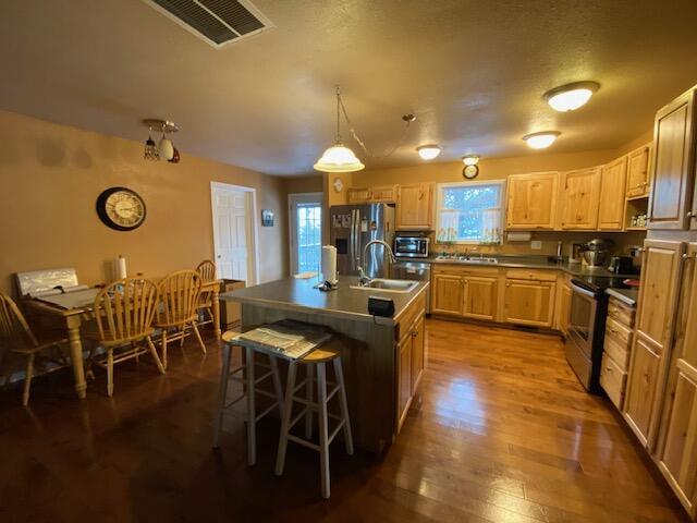 kitchen featuring sink, a kitchen breakfast bar, decorative light fixtures, a center island with sink, and appliances with stainless steel finishes