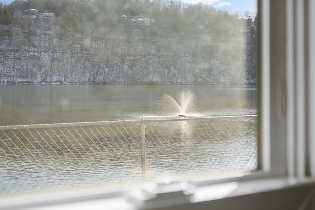 interior space featuring a water view