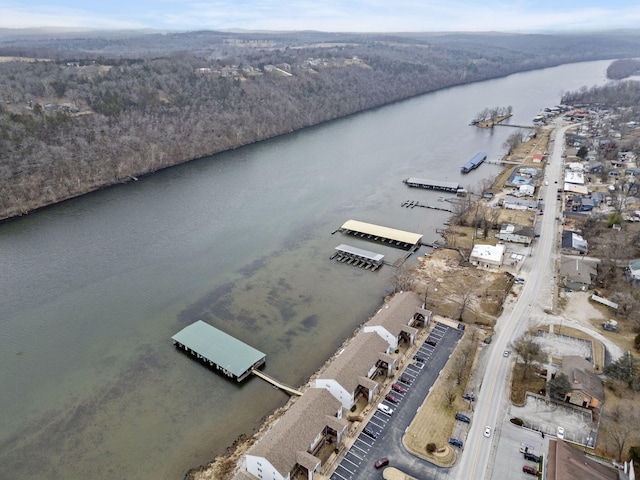 birds eye view of property featuring a water view