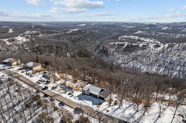 snowy aerial view featuring a mountain view