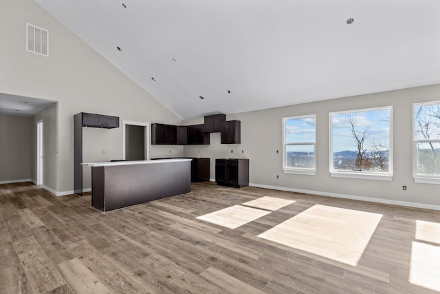 unfurnished living room featuring high vaulted ceiling and light hardwood / wood-style flooring