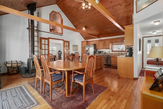 dining space with french doors, light wood-type flooring, wood ceiling, sink, and high vaulted ceiling