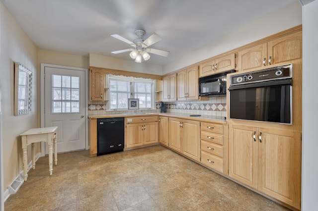 kitchen with sink, light brown cabinets, ceiling fan, backsplash, and black appliances