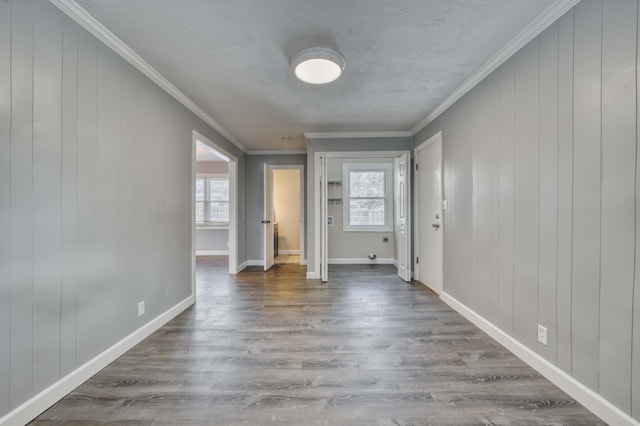 entryway featuring wood walls, ornamental molding, and dark hardwood / wood-style floors