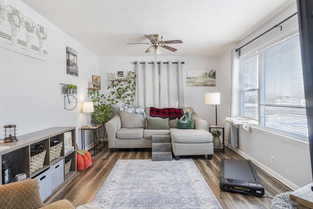 living room with ceiling fan and dark hardwood / wood-style flooring