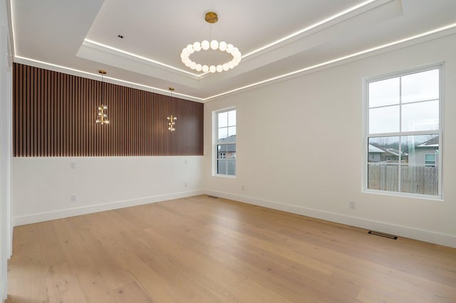 empty room with light wood-type flooring and a tray ceiling