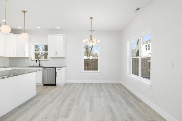 kitchen featuring sink, white cabinets, dishwasher, and hanging light fixtures