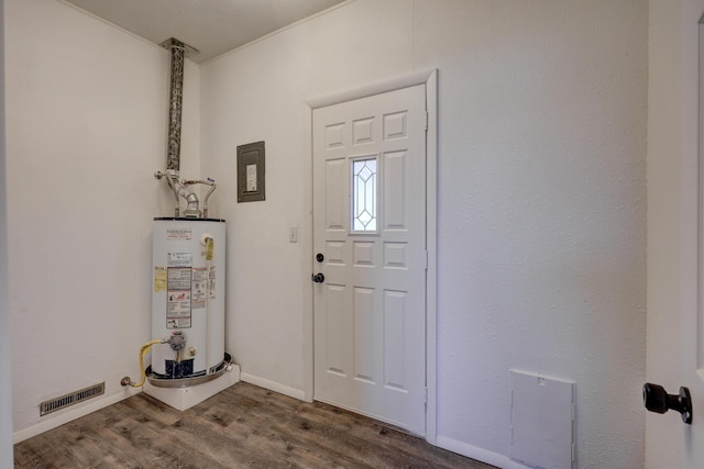 entrance foyer with water heater and wood-type flooring