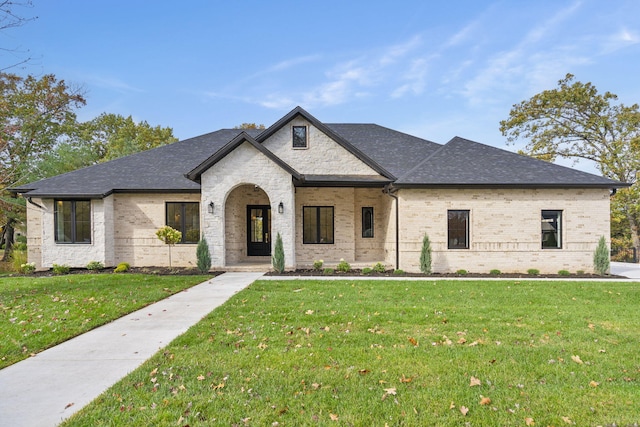 french country inspired facade with a front lawn