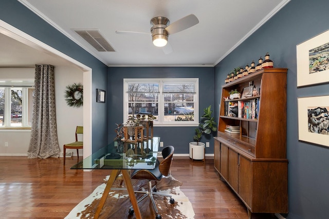 home office featuring ornamental molding, dark wood-type flooring, visible vents, and baseboards