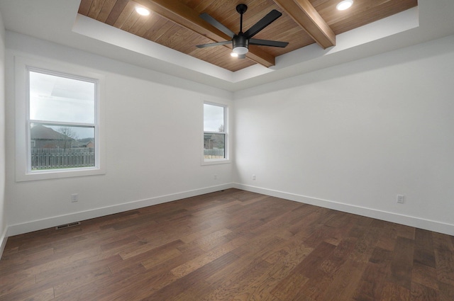 spare room with dark hardwood / wood-style flooring, a healthy amount of sunlight, ceiling fan, and wood ceiling