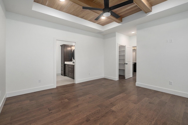 spare room featuring dark hardwood / wood-style flooring, beam ceiling, ceiling fan, and wooden ceiling