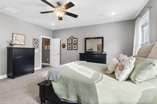 bedroom featuring ceiling fan and carpet floors