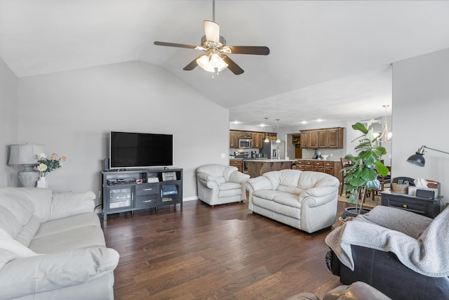 living room featuring ceiling fan, dark hardwood / wood-style flooring, and lofted ceiling