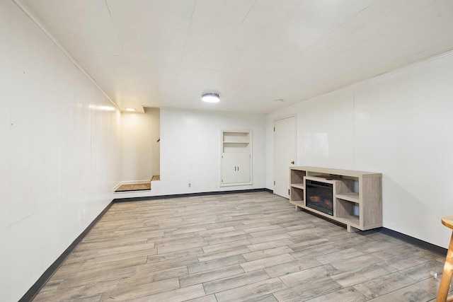 basement with a fireplace