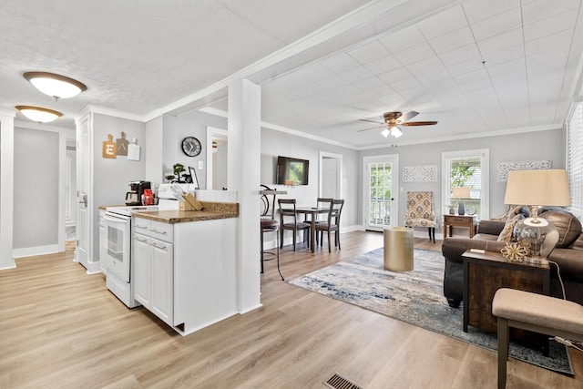 kitchen featuring ceiling fan, white electric range, light wood-type flooring, and crown molding