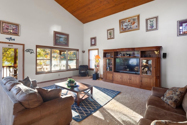 living room with wooden ceiling, high vaulted ceiling, and carpet flooring