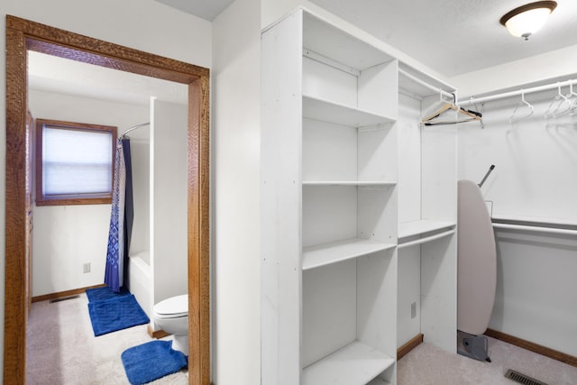 spacious closet featuring light colored carpet