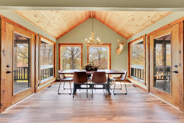 dining room with lofted ceiling, wooden ceiling, a chandelier, and light wood-type flooring