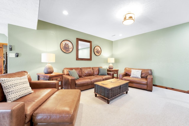 living room featuring light carpet