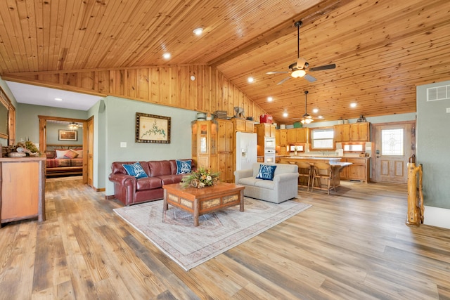 living room with high vaulted ceiling, light wood-type flooring, and wood ceiling