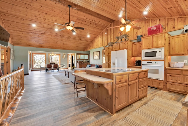 kitchen featuring white appliances, light hardwood / wood-style flooring, wood ceiling, a kitchen island, and high vaulted ceiling