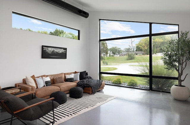 living room featuring concrete floors and plenty of natural light