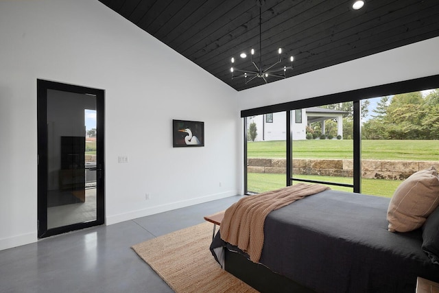 bedroom with access to exterior, recessed lighting, high vaulted ceiling, concrete floors, and baseboards