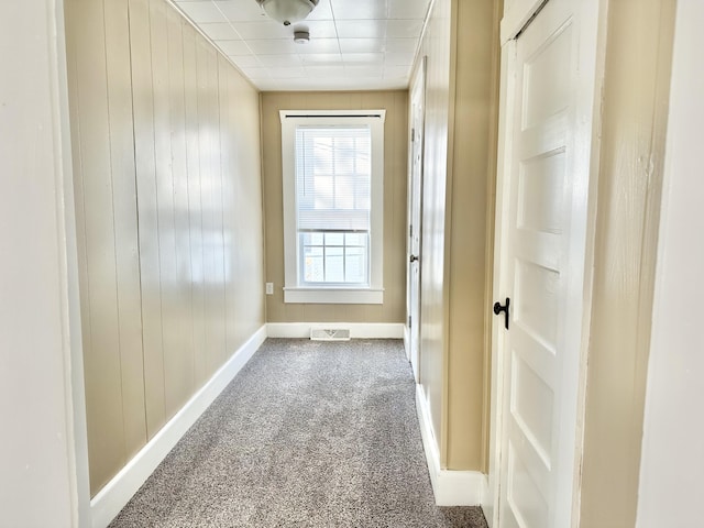 hallway featuring wood walls and carpet floors