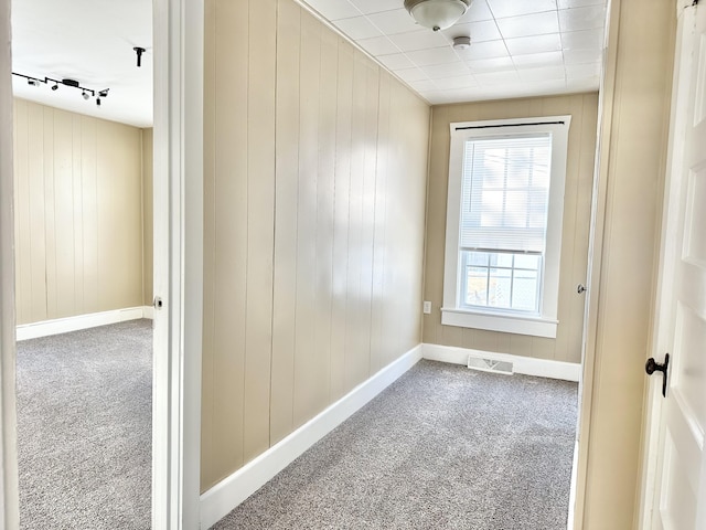 hallway featuring carpet floors and wood walls